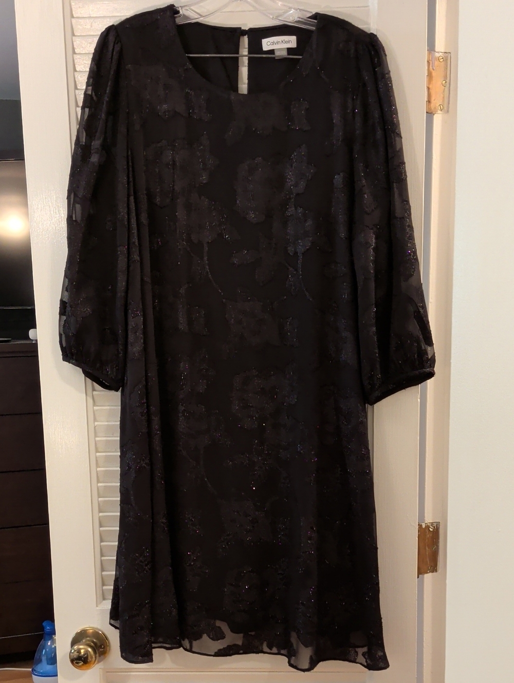 Calvin Klein Black Floral Jacquard Long Sleeve Shift Dress